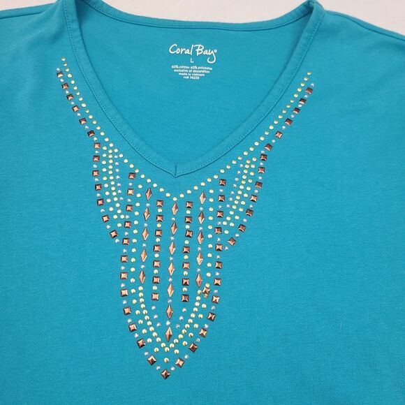 Coral Bay Womens Embellished V-Neck Blue Short Sleeve Top Size L - Picture 3 of 5